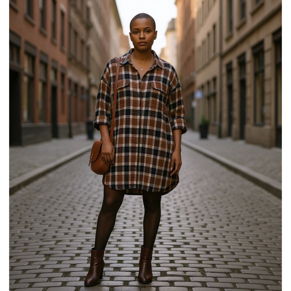 Circus Hotel Plaid Long Sleeve Button Down Shirt Dress Brown Size‎ XL